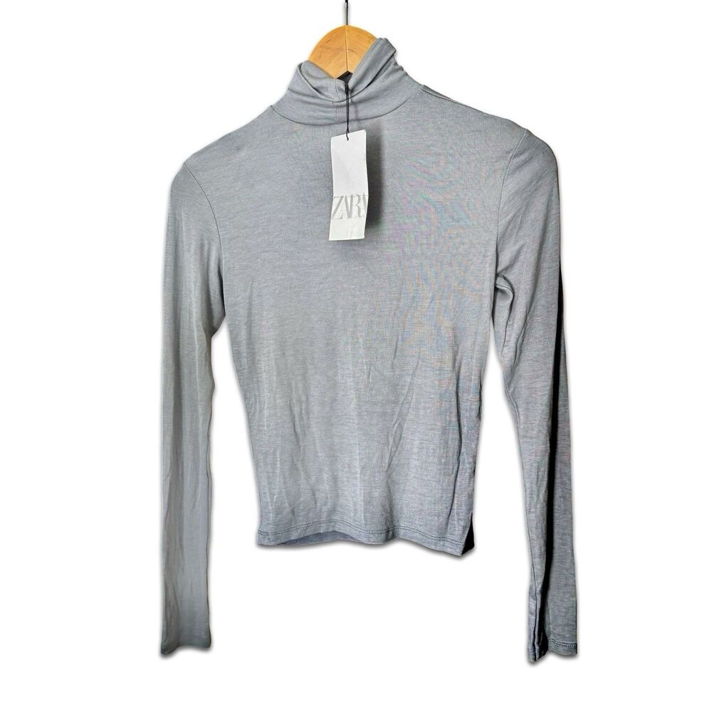 Zara Women Small Turtleneck Sweater Grey Ribbed Fitted Stretch Long Sleeve NWT